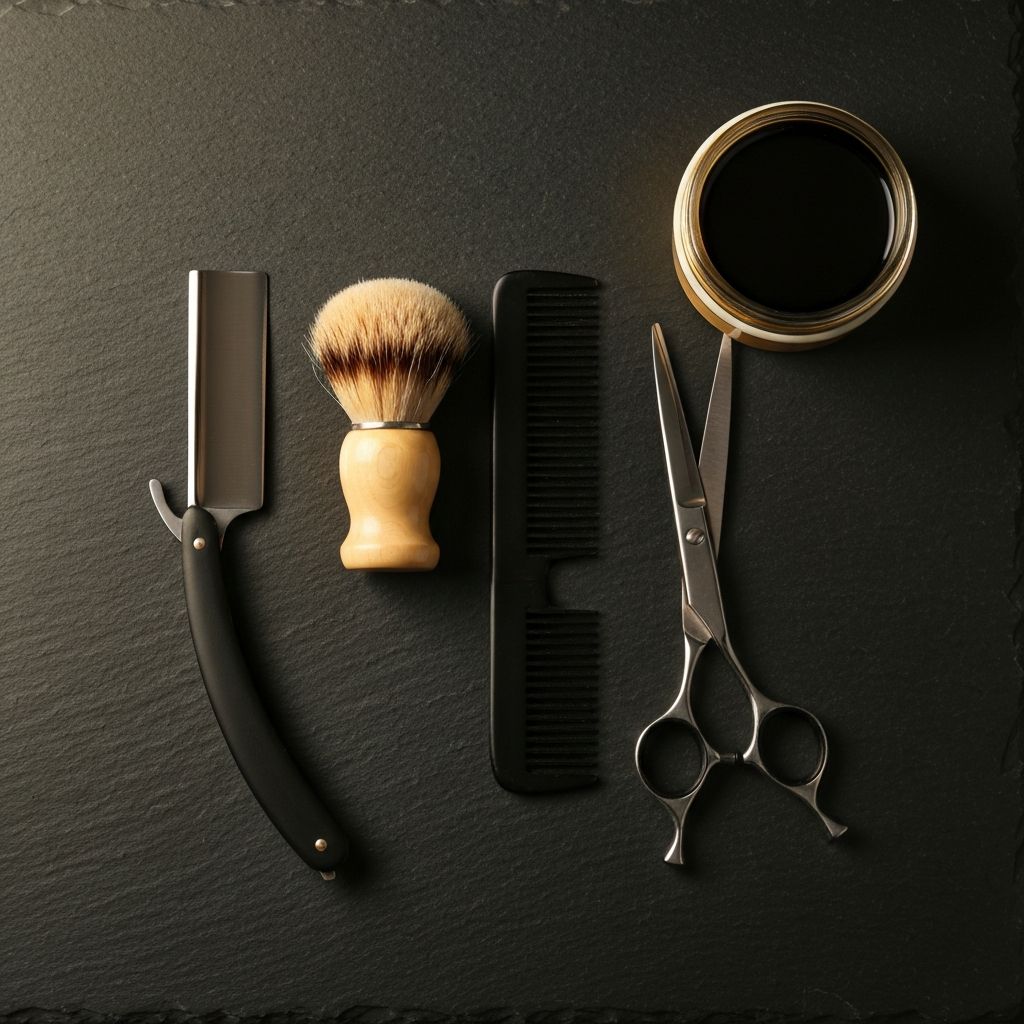 Classic barbershop tools — straight razor, shaving brush, scissors and comb on a dark slate surface